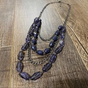 Navy Blue Multi Strand Bead and Chain Necklace Statement Jewelry Costume Date
